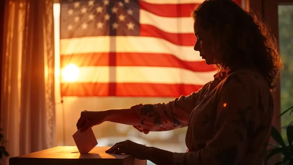 Eleições americanas. Eleitora depositando voto em cédula de papel na urna. bandeira dos estados unidos ao fundo.