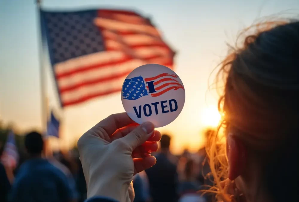 Mulher segurando broche no período de eleições americanas