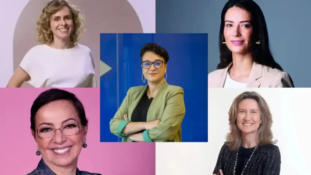 Montagem de fotos com 5 CEOs brasileiras que representam a liderança feminina: Tarciana Medeiros, CEO do Banco do Brasil - Livia Chanes, CEO Nubank - Silvia Penna, CEO Uber Brasil, Tânia Cosentino, CEO Microsoft Brasil - Cristina Betts, CEO Grupo Iguatemi