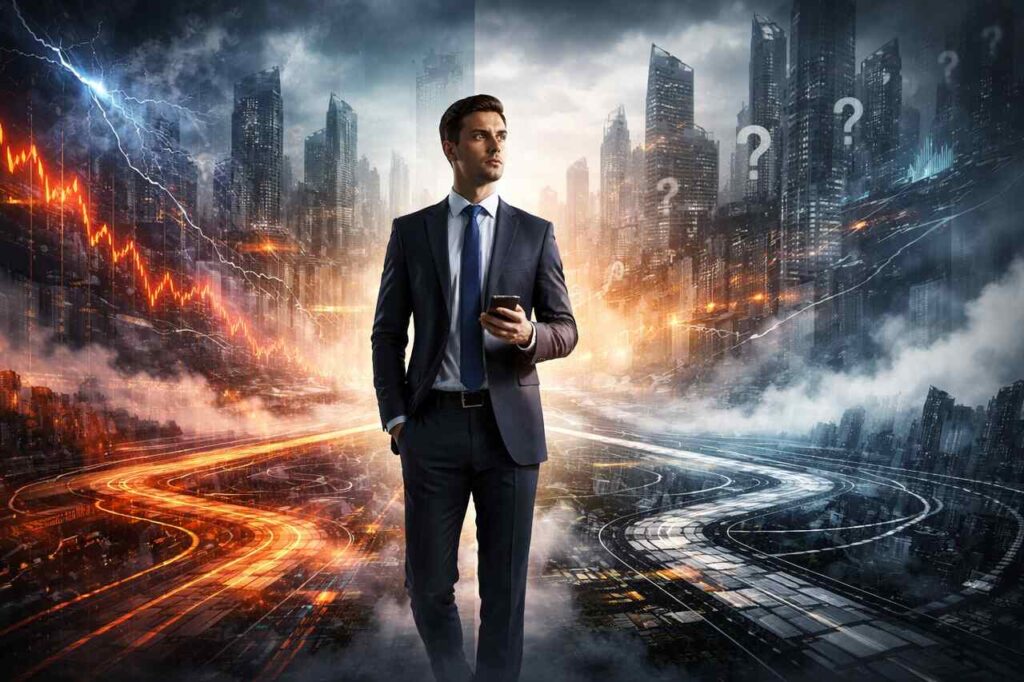 L&iacute;der empresarial analisando cen&aacute;rios de incerteza e transforma&ccedil;&atilde;o digital, representando volatilidade, complexidade e desafios estrat&eacute;gicos no ambiente corporativo.