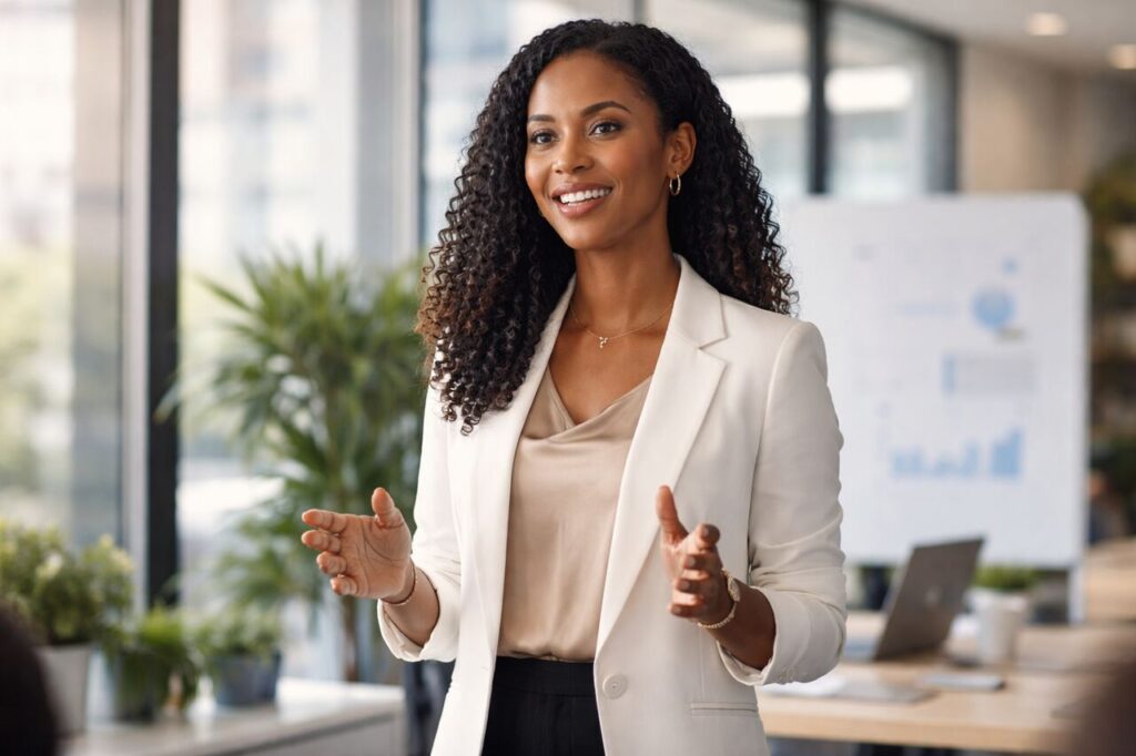 Executiva comunicando ideias em reuni&atilde;o.