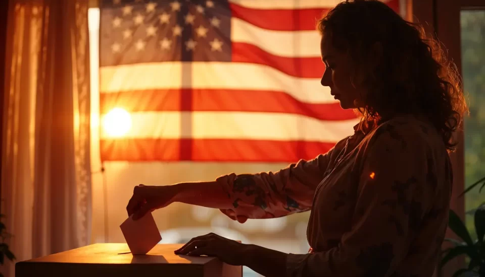 Eleições americanas. Eleitora depositando voto em cédula de papel na urna. bandeira dos estados unidos ao fundo.