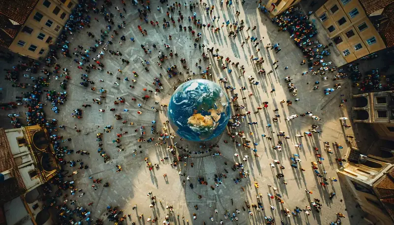 Imagem gerada por IA - mundo no centro de uma praça e pessoas no entorno observando. G20 no Brasil.