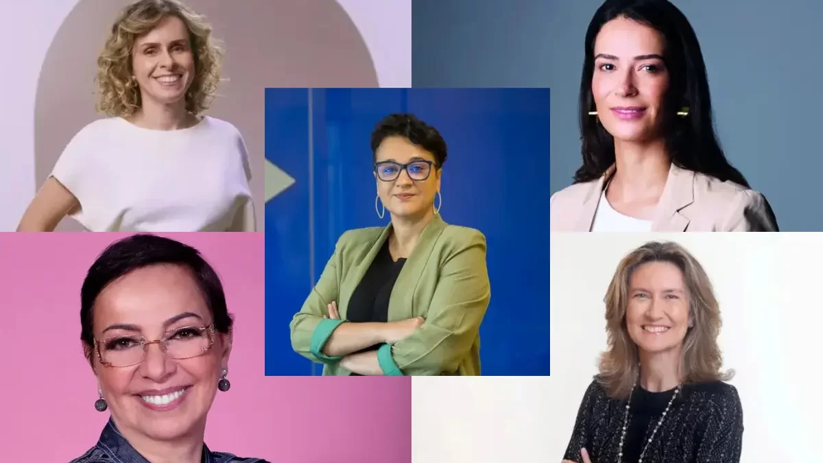 Montagem de fotos com 5 CEOs brasileiras que representam a liderança feminina: Tarciana Medeiros, CEO do Banco do Brasil - Livia Chanes, CEO Nubank - Silvia Penna, CEO Uber Brasil, Tânia Cosentino, CEO Microsoft Brasil - Cristina Betts, CEO Grupo Iguatemi