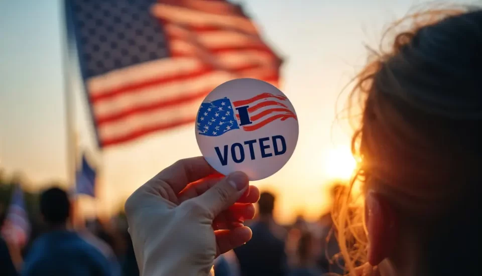 Mulher segurando broche no período de eleições americanas