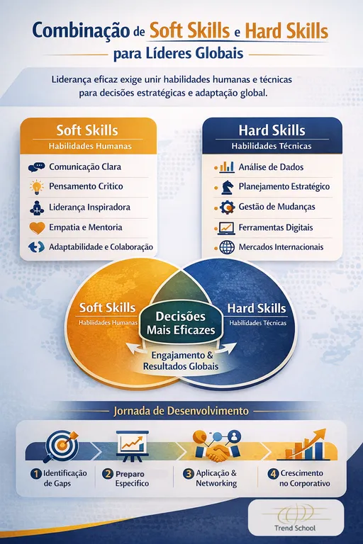 Infogr&aacute;fico sobre soft skills e hard skills destacando o desenvolvimento de compet&ecirc;ncias para l&iacute;deres globais.