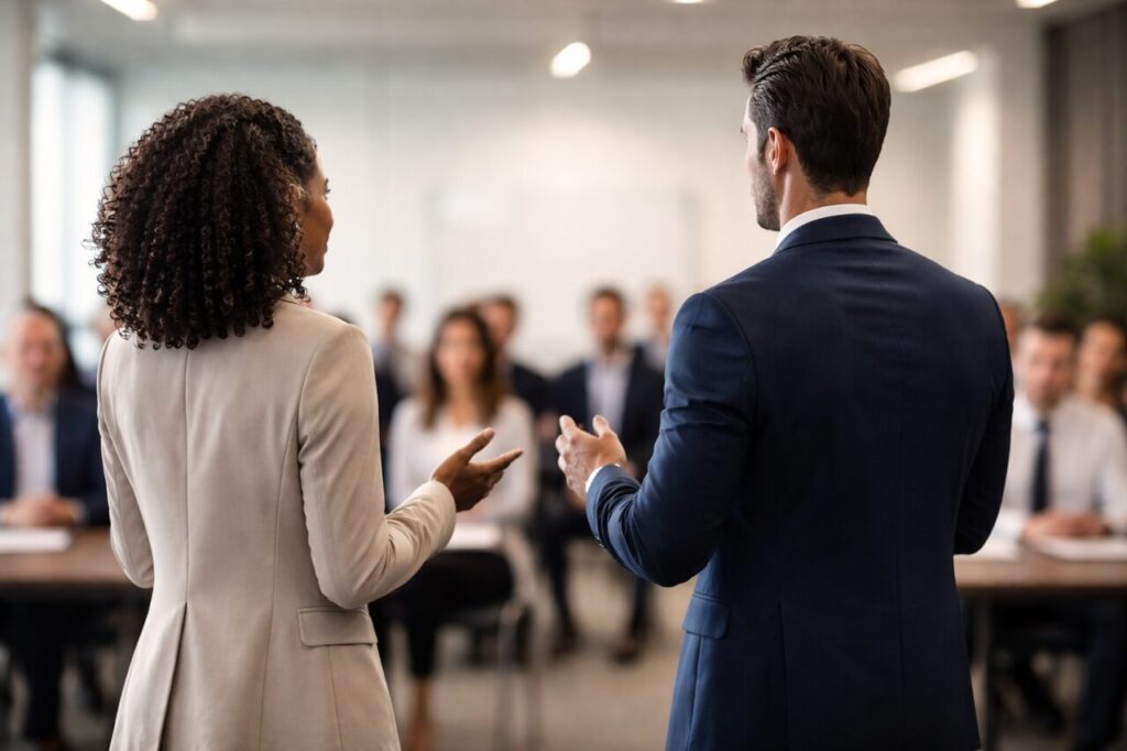Dois profissionais apresentam diante de p&uacute;blico em ambiente corporativo moderno, ilustrando lideran&ccedil;a, trabalho em equipe e comunica&ccedil;&atilde;o corporativa eficaz.