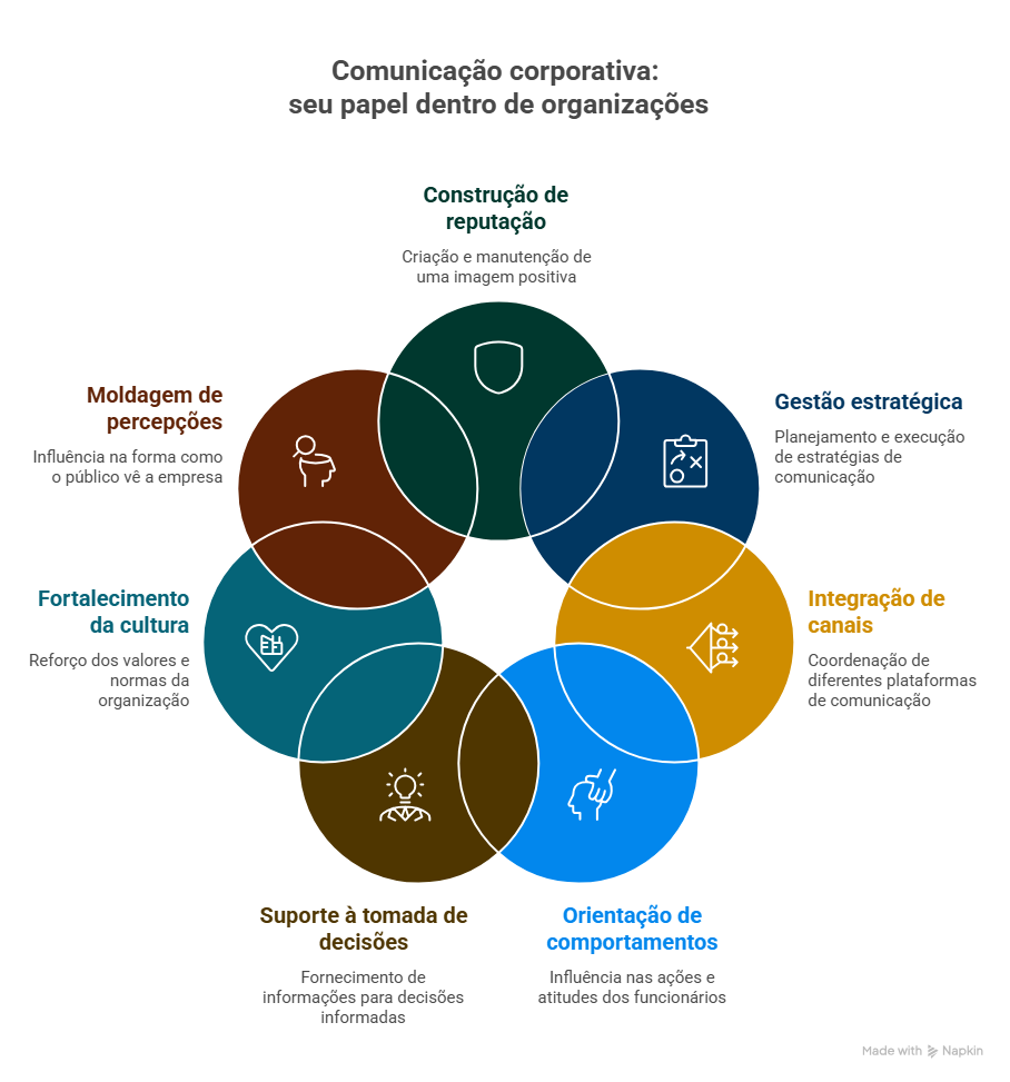 Diagrama colorido com c&iacute;rculos interligados destacando fun&ccedil;&otilde;es estrat&eacute;gicas da comunica&ccedil;&atilde;o corporativa, como reputa&ccedil;&atilde;o, cultura, decis&otilde;es e integra&ccedil;&atilde;o organizacional.