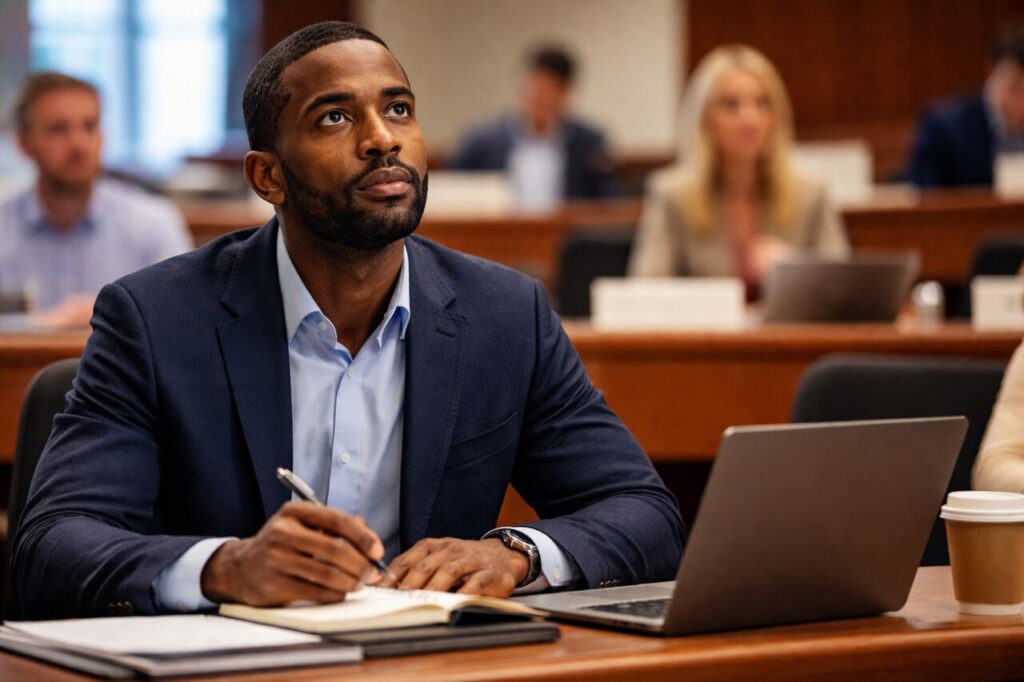 Homem em sala de aula profissional, anotando atentamente durante treinamento executivo OPM Harvard, com laptop, caderno e colegas ao fundo.