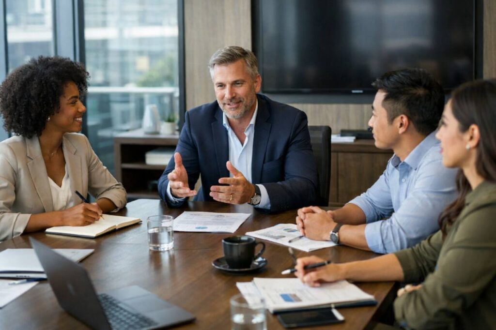 Quatro profissionais em reuni&atilde;o corporativa discutem estrat&eacute;gias, demonstrando Business Acumen, colabora&ccedil;&atilde;o eficaz, comunica&ccedil;&atilde;o clara e foco em resultados empresariais.