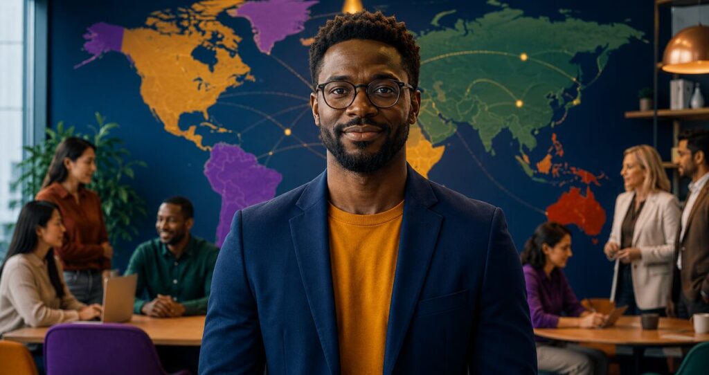Profissional confiante em escrit&oacute;rio moderno, mapa mundial colorido ao fundo simbolizando colabora&ccedil;&atilde;o internacional e forte esp&iacute;rito de Global Mindset.