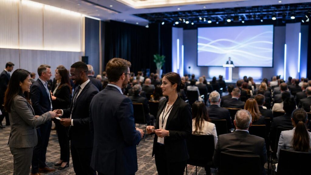 Profissionais em networking durante conferência internacional, trocando cartões, ouvindo palestrante em auditório moderno com tela azul iluminada.