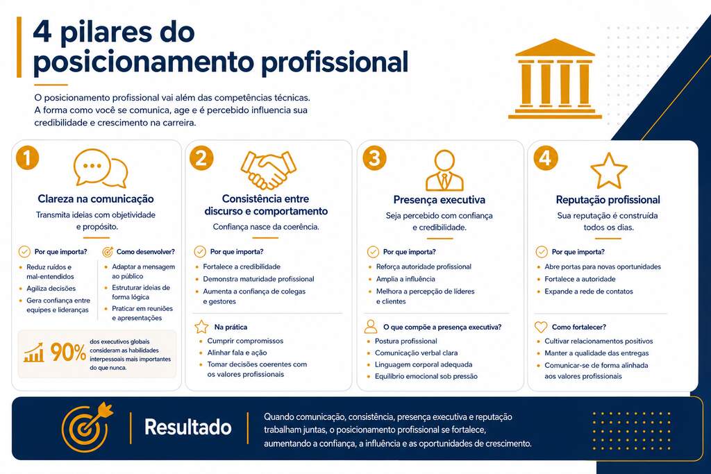 Infogr&aacute;fico explica quatro pilares essenciais do posicionamento profissional, destacando comunica&ccedil;&atilde;o, consist&ecirc;ncia, presen&ccedil;a executiva e reputa&ccedil;&atilde;o para credibilidade.