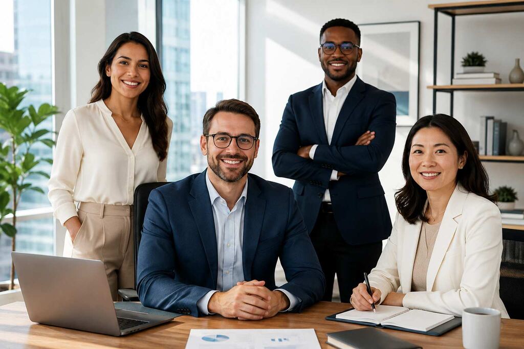 Executivo sentado em escrit&oacute;rio corporativo moderno representa desenvolvimento executivo, lideran&ccedil;a estrat&eacute;gica, confian&ccedil;a profissional.
